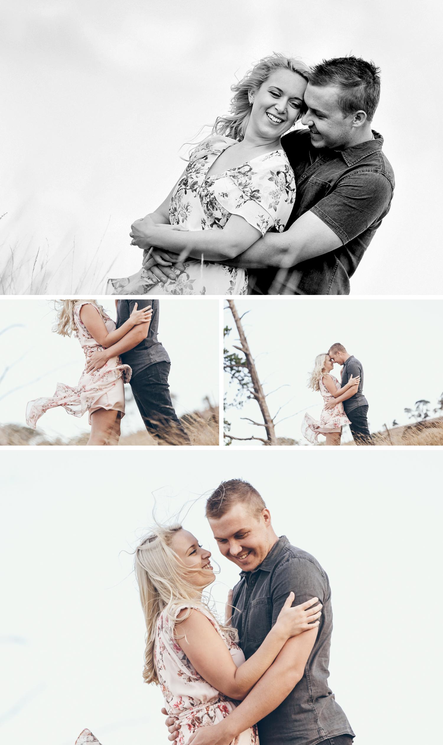 Couple Embracing Open Field Engagement Shoot, Wide Angle Shot of Bride and Groom Embracing in Long Grass by Danae Studios