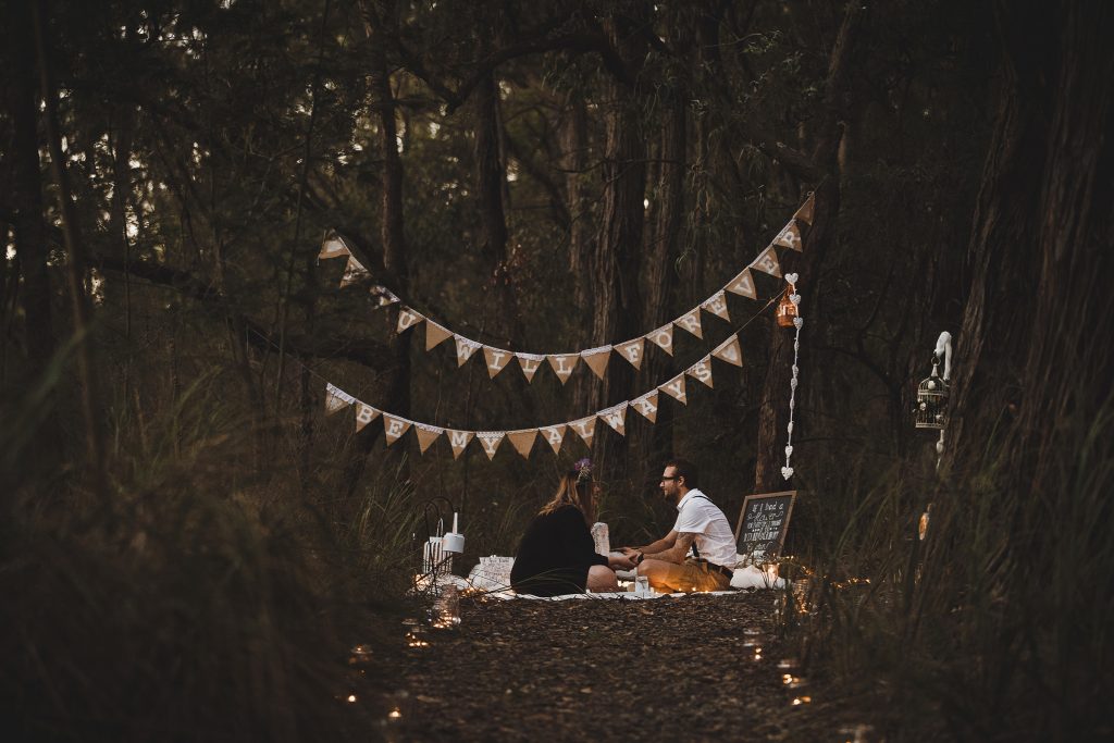 Mt Cannibal Gippsland, Proposal Photo, Forest Photoshoot Engagement, Beautiful Couple Embracing, Flower Crowns Wedding by Danae Studios