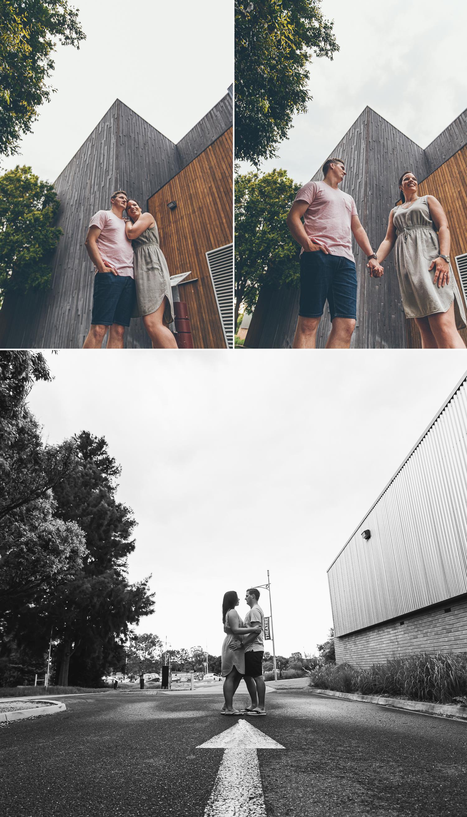 Engagement Shoot Street Gippsland Beautiful Black and White Wedding Photos Couple Embracing by Danae Studios